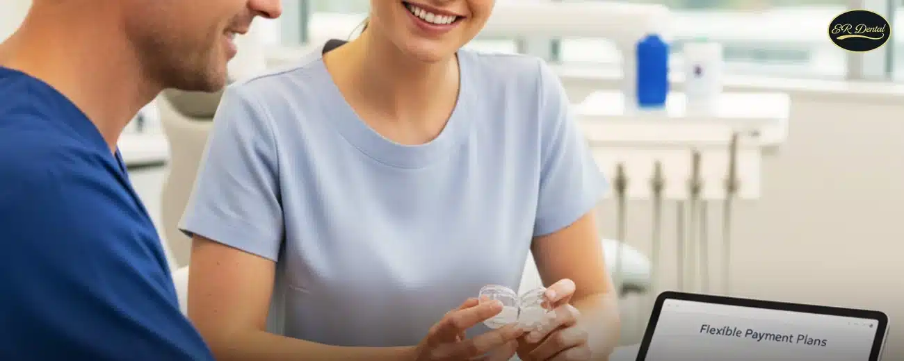 Clear Aligners consultation with a patient holding aligner trays beside a tablet showing flexible payment plans at a dental clinic.