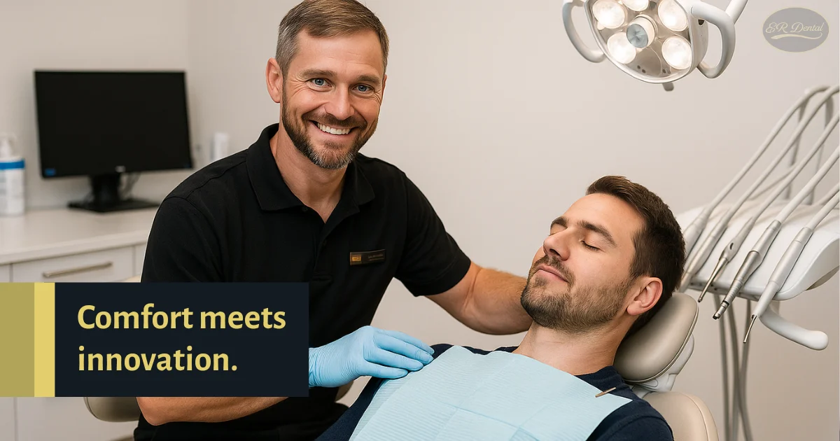 Dentist smiling and comforting a relaxed patient in modern clinic.