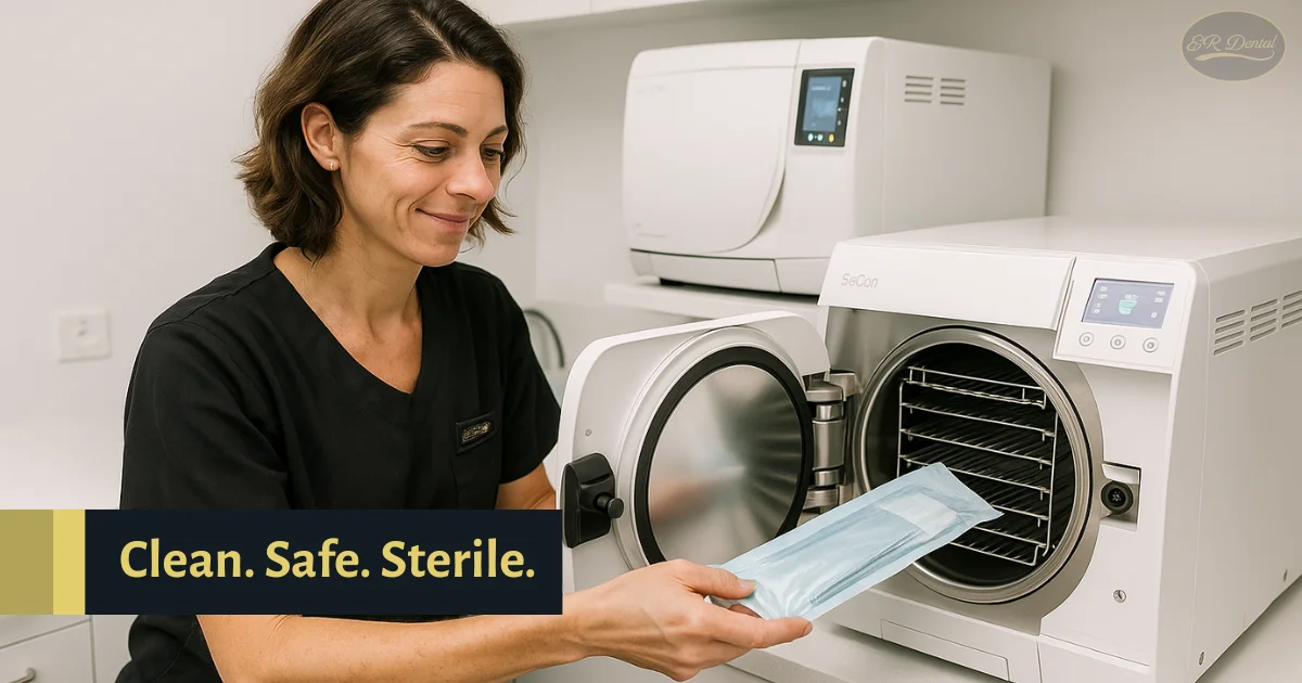 Dental assistant loading sterilized tools into an autoclave.