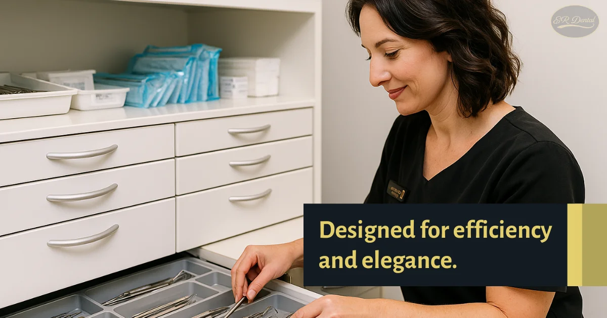 Assistant organizing dental instruments from drawer in clean workspace.