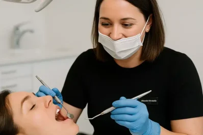 Hygienist wearing mask examining patient’s teeth with mirror and probe.