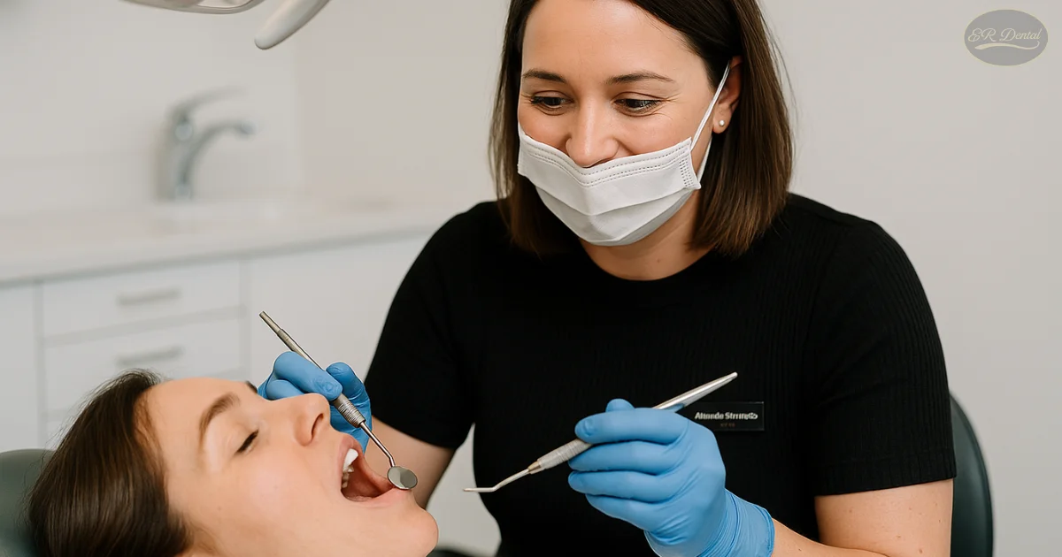 Hygienist wearing mask examining patient’s teeth with mirror and probe.