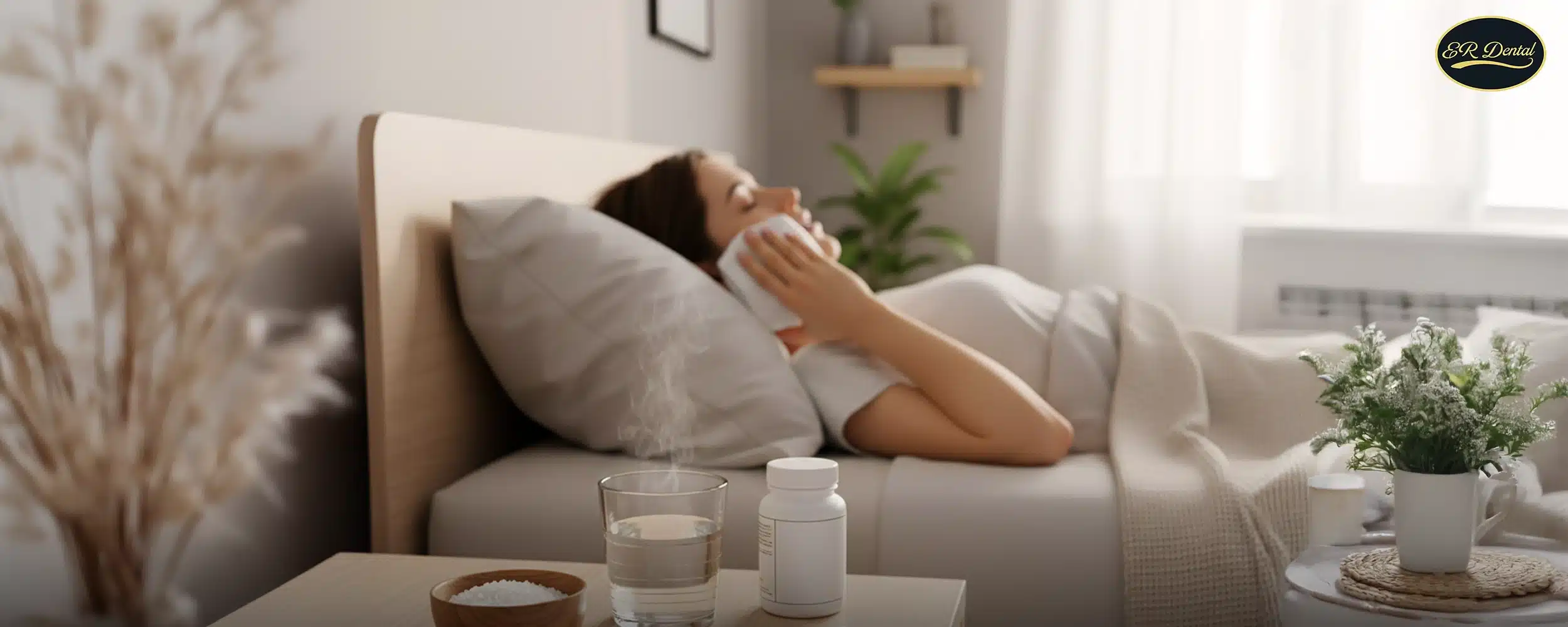 Woman resting in bed holding a compress to her cheek for braces pain relief, with warm salt water and medication on the bedside table.