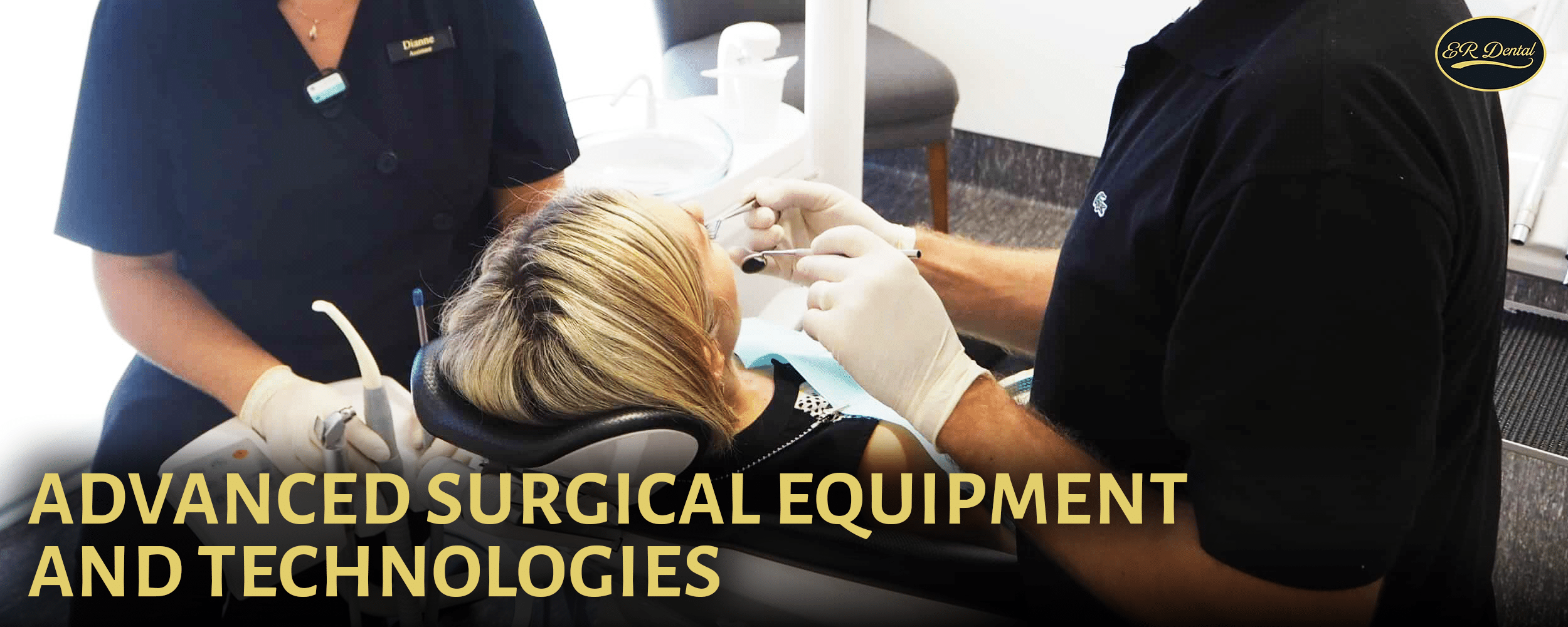 Dentist using advanced tools on patient in chair during implant surgery.