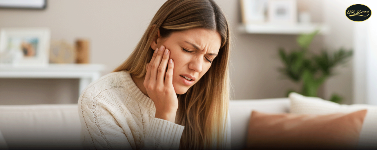 Young woman with wisdom tooth jaw pain at home